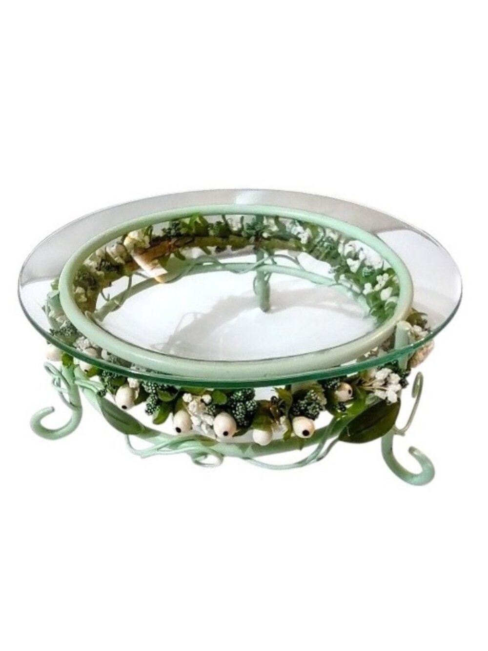 Decorative Glass Bowl and Painted Green Patina Metal Stand with Floral Trim